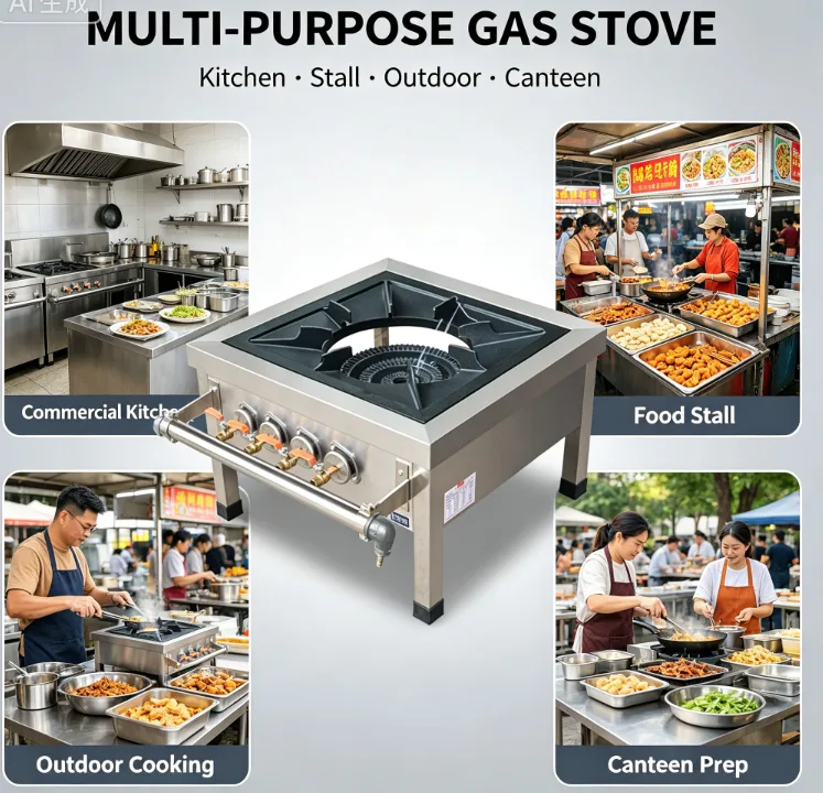Stainless steel body and adjustable feet of 3-ring stock pot stove