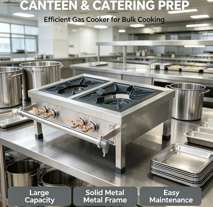 3-ring stock pot stove in commercial canteen