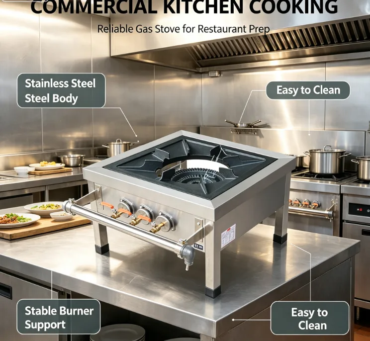 3-ring stock pot stove in commercial kitchen