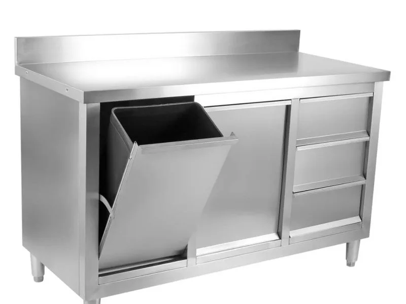 Three-tier work table with flour-canopy overshelf variant