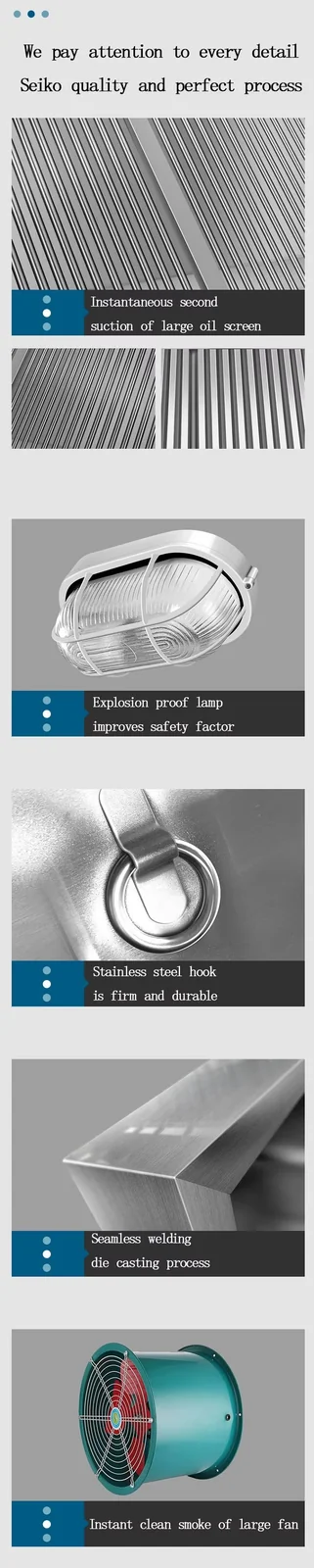 Exhaust hood detailed features: baffle filter, explosion-proof lamp, stainless hook, seamless welding, large fan