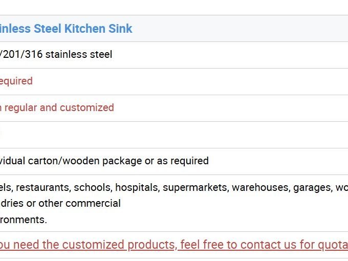 Sink specification table