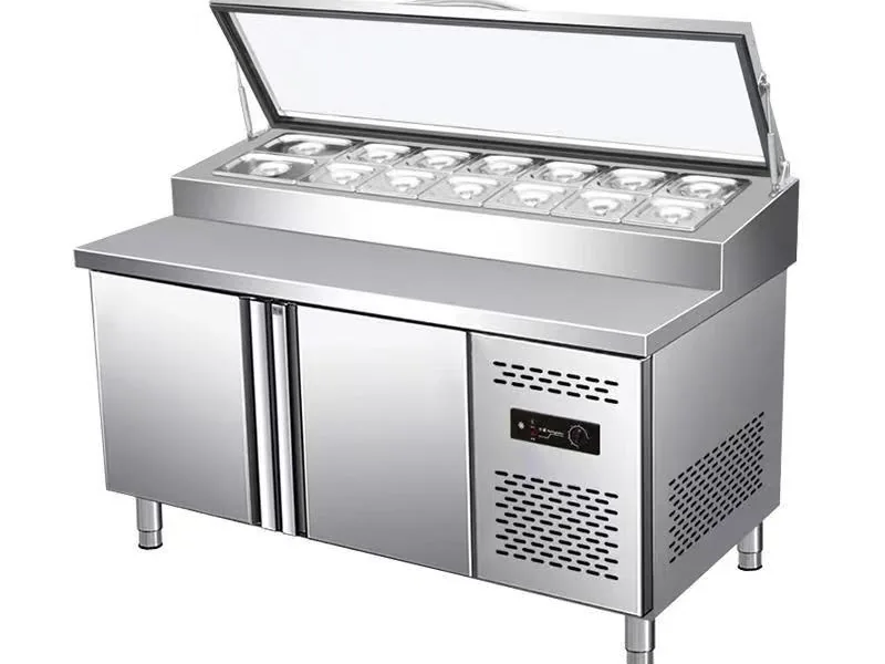 Full Kitchen commercial pizza prep table with GN ingredient pans and acrylic flip lid