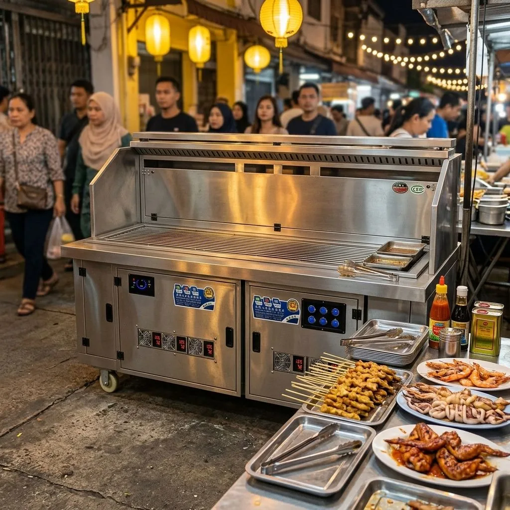 Night market BBQ stall using smokeless cart
