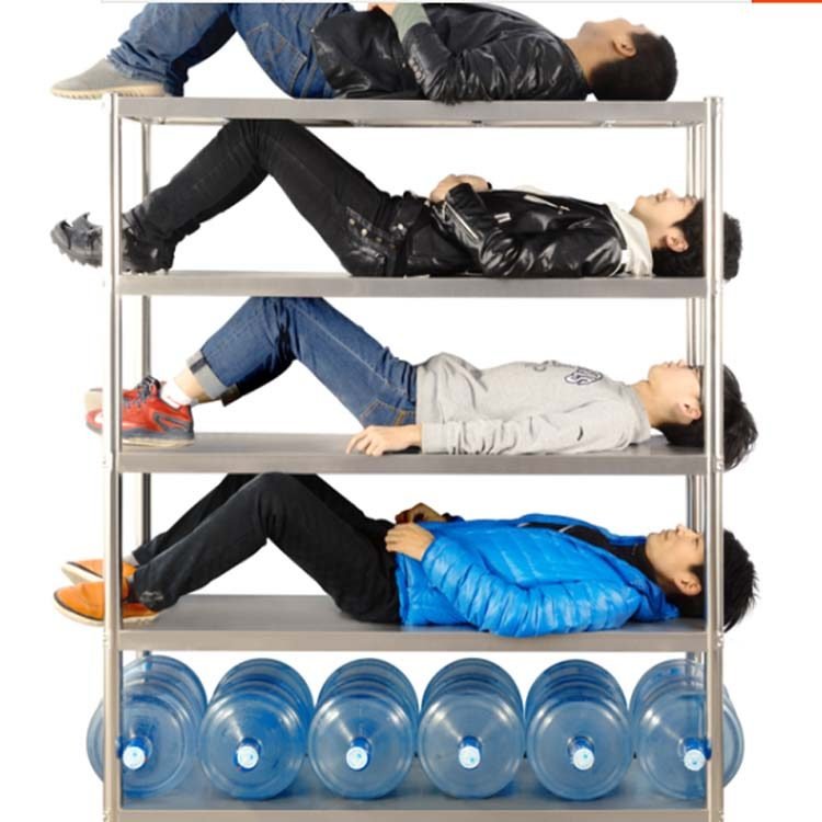 Stainless steel shelving load capacity test with four adults and water bottles