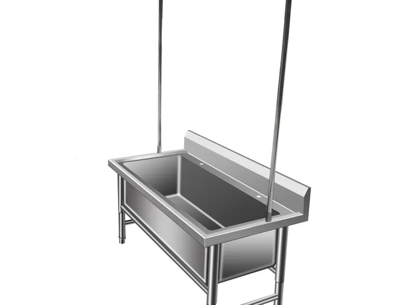 Stainless steel mop sink with splashback and hanging rail