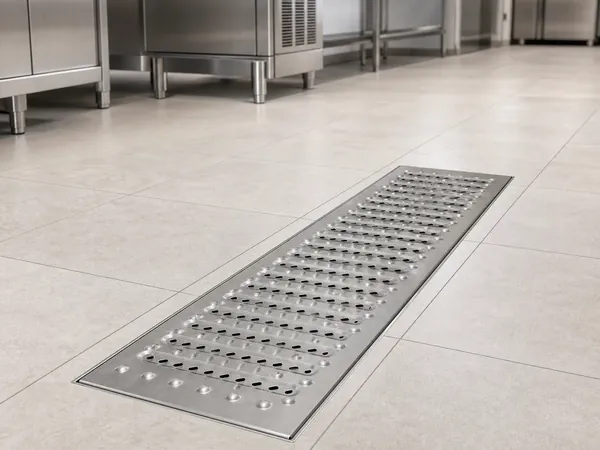 Trench drain grate installed in commercial kitchen