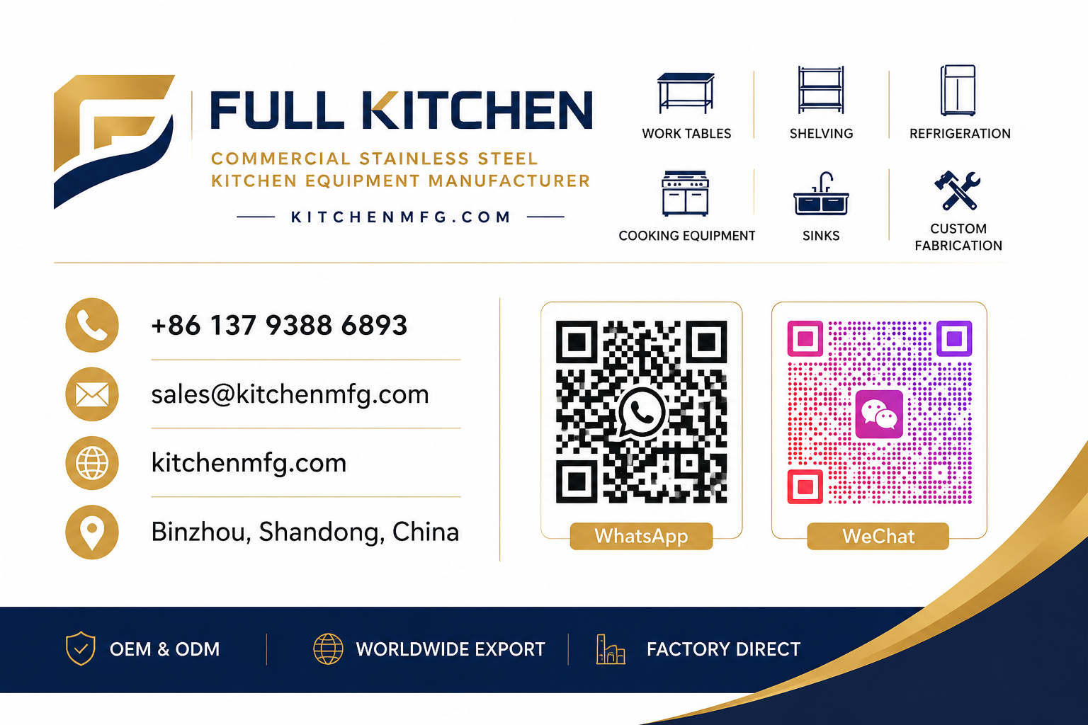 Full Kitchen contact information - phone, email, website, WhatsApp and WeChat QR codes