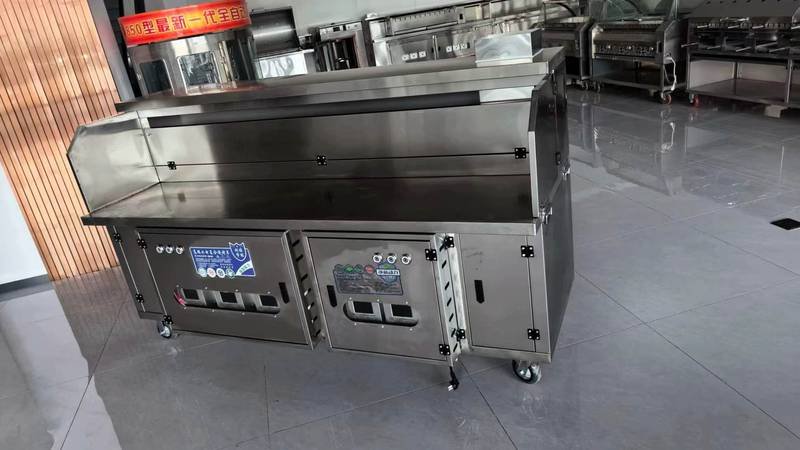 Stainless steel commercial BBQ cart with smoke purification system in showroom - Full Kitchen factory