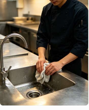 Staff member wiping down a commercial stainless steel sink with a microfiber cloth during the daily end-of-day routine.