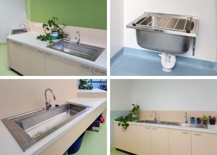 Stainless steel sink installed in a commercial kitchen scene