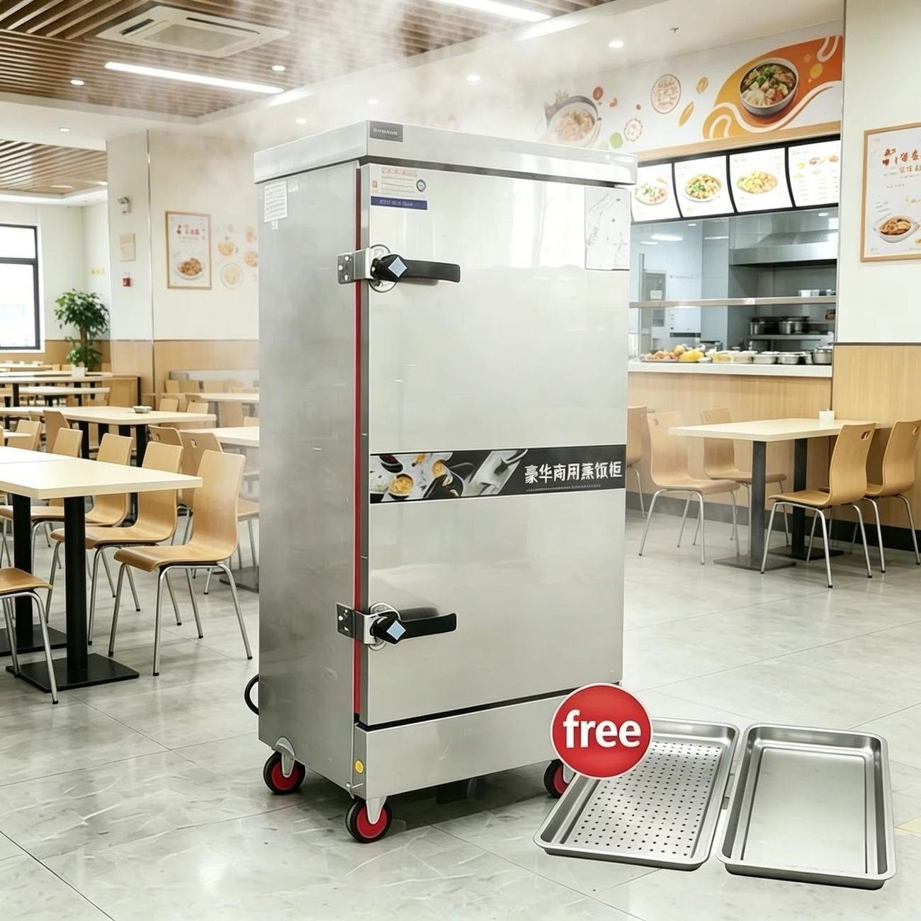 Commercial kitchen serving line with stainless steel rice steamers