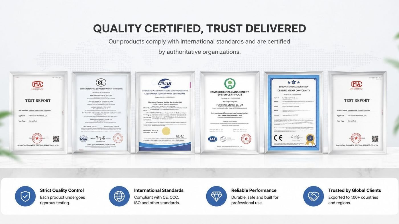 Wall of export documents and certifications issued by Full Kitchen Utensils