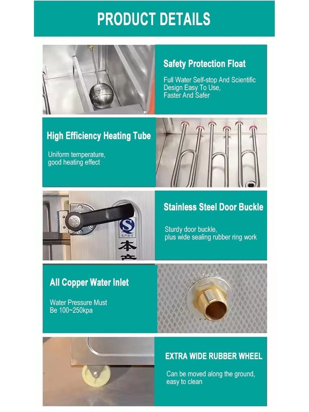 Five product detail callouts: safety float, heating tube, door buckle, copper water inlet, rubber wheel